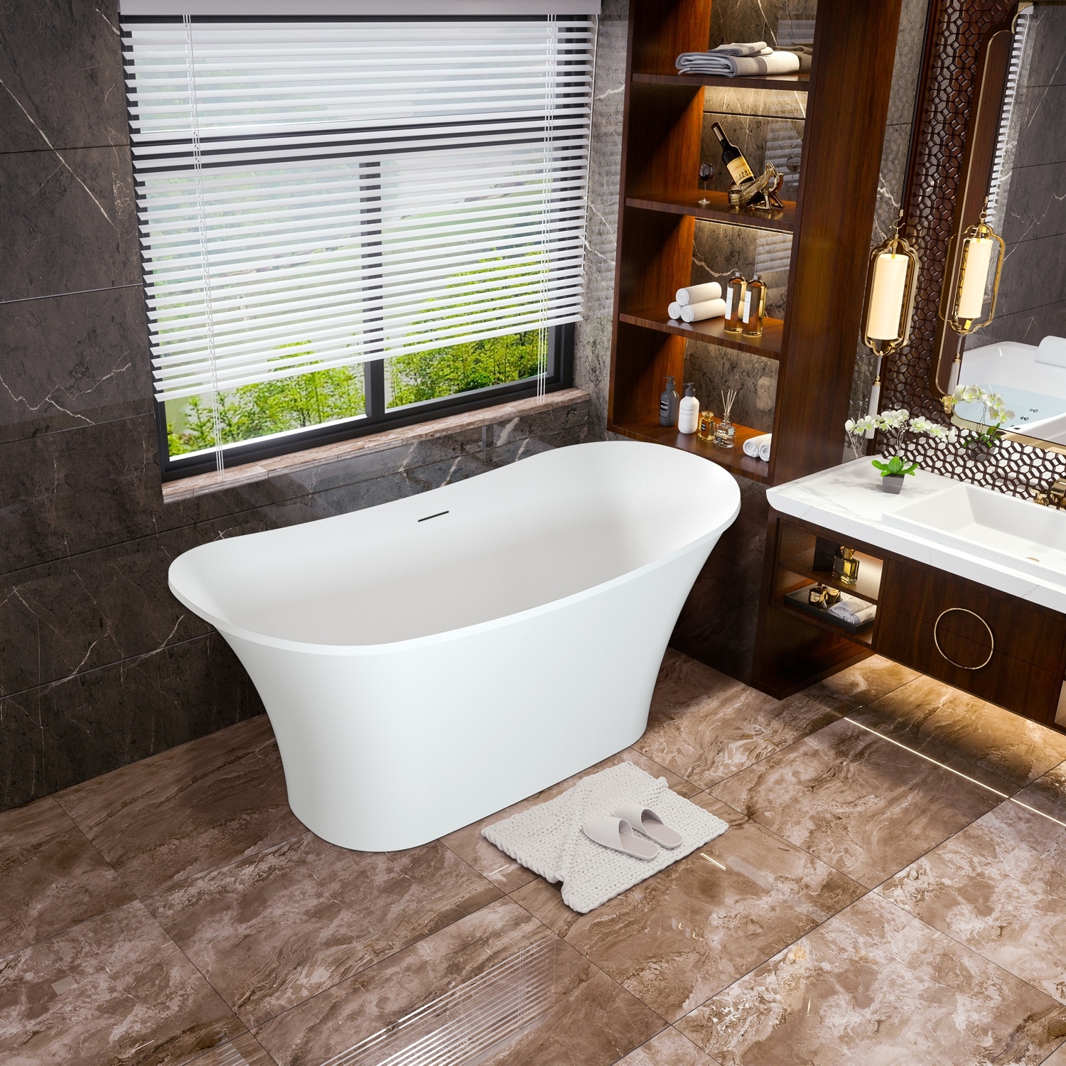 Alvana 59''/63'' Stone Resin Freestanding Soaking Bathtub with Overflow